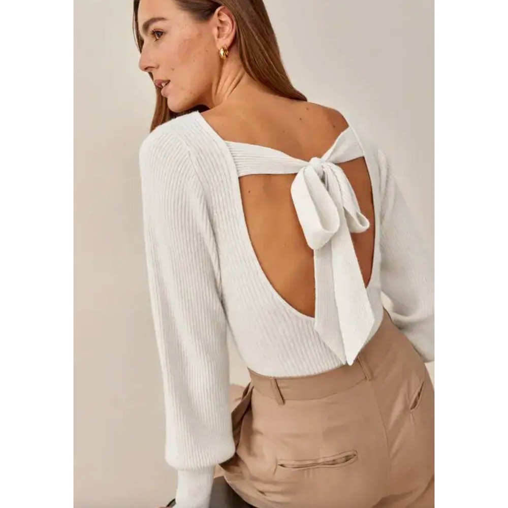 Reformation Alber Open Back Cashmere Sweater Cream Ivory Ribbed Bow Tie Medium